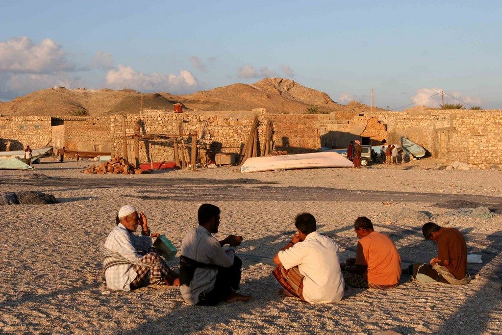 Socotris fishermen repairing their nets.