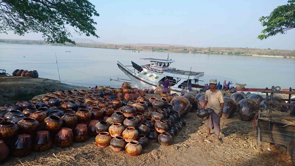 The jars, known here as Ali Baba pots, are transported by raft or boat to Mandalay or Bagan. They are used to store water and oil in houses.