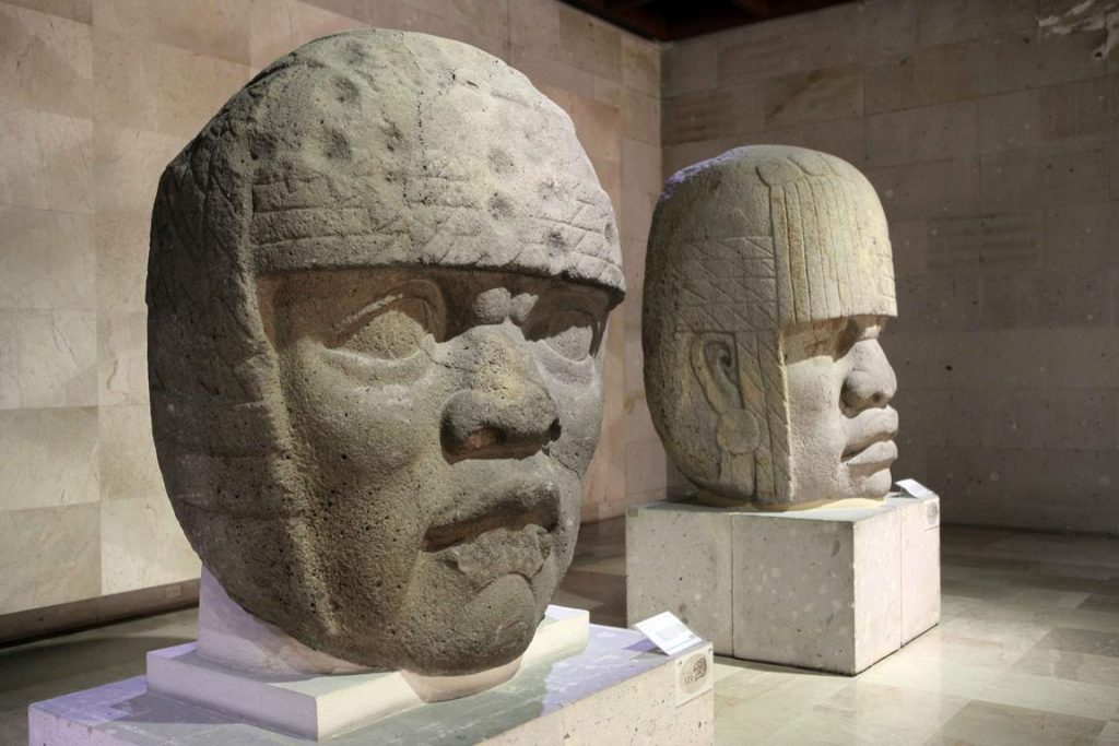 Têtes colossales n° 3 et 4. Ces têtes ont été trouvées sur le site de San Lorenzo Tenochtitlan, (État de Veracruz).La tête n° 3 est sculptée dans du basalte. Sur la coiffe formée de quatre cordes attachées, on peut observer la présence de trous correspondant à des mutilations intentionnelles contemporaines à l’époque préhispanique et Olmèque. Cette coiffe se termine par des couvre-joues à pli, probablement de tissu. La partie postérieure de la tête est plate. 1,78 × 1,63 m.