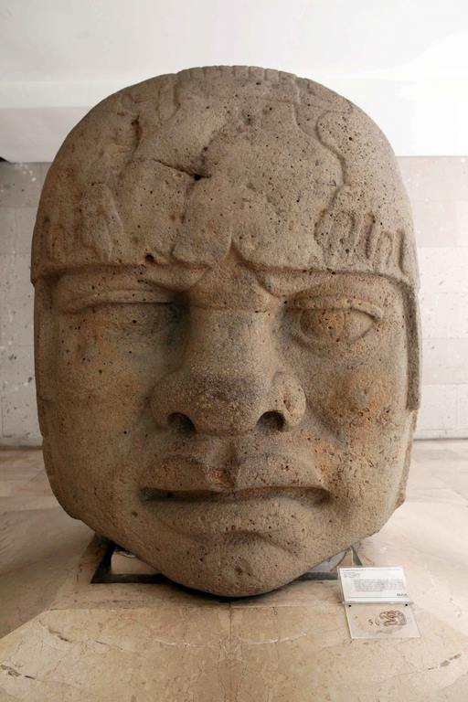 Colossal head no. 5. It has the most elaborate headdress. It represents the clawed paws of a jaguar, a feline revered as the divinity of rain and agriculture. The circles represent the spots on its skin. 1200-900 BC. 1.86 x 1.47 m.