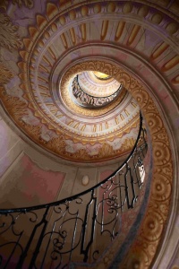 The spiral staircase of Melk Abbey, a jewel of Baroque art.