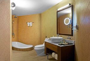 Une belle salle de bain avec baignoire encastrée dans le sol, douche pluie et murs recouverts de chaux ocre complète la partie hébergement.