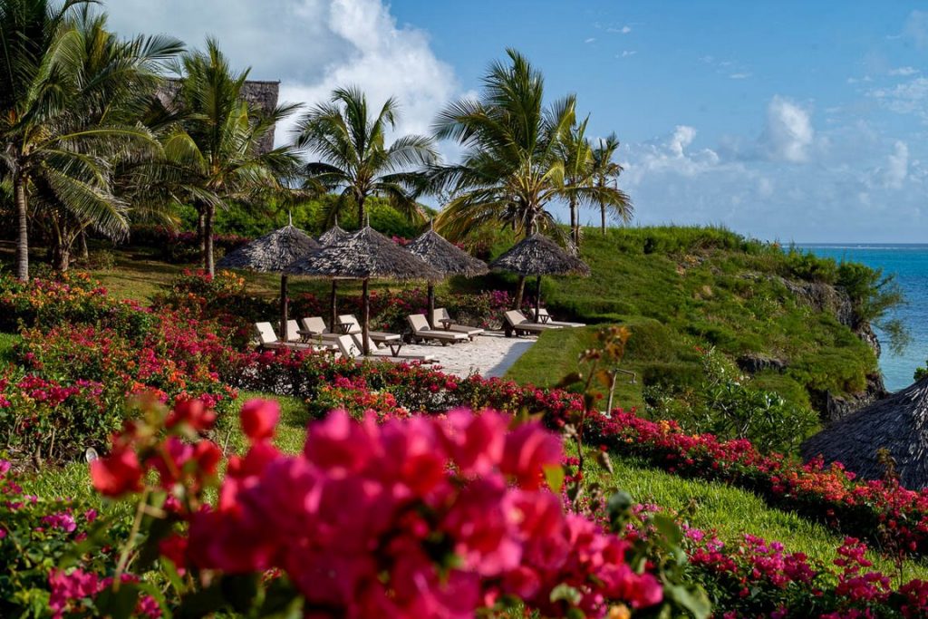 Zanzibar. Hotel Zawadi. The villas are reached via a path winding through a magnificent bougainvillea garden.