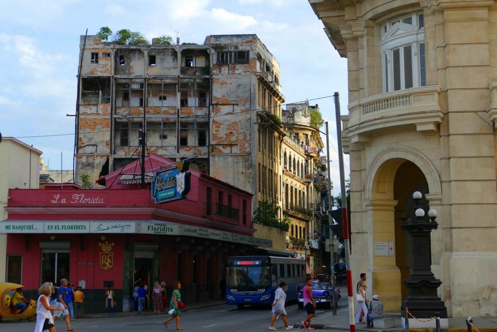 Havana. One of the many endangered buildings adjoins the famous Florida bar, where Hemingway used to come to drink his daikiri.