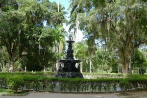 Brésil. Rio de Janeiro. L’allée principale du Jardin botanique Barbosa Rodrigues est interrompue par une belle fontaine du XIXème.