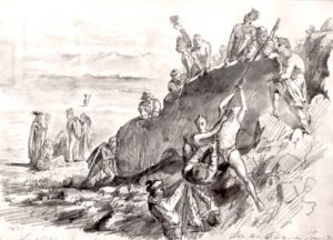 Removal of the head of a moai by sailors to bring it back on La Flore. Drawing by Pierre Loti.