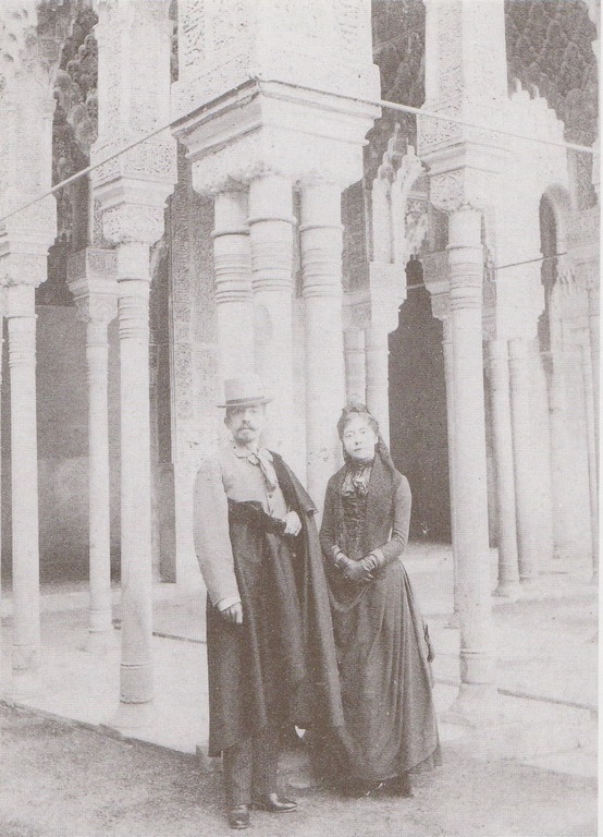 Pierre Loti and his wife, Jeanne Amélie Franc de Ferrière, known as Blanche, photographed in the courtyard of the lions at the Alhambra, the only known photograph of the couple from their honeymoon.