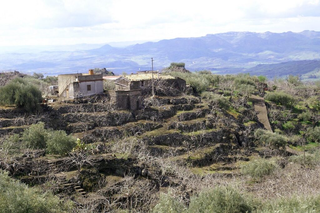 Typical village and terraced fields on the slopes of Mount Etna.