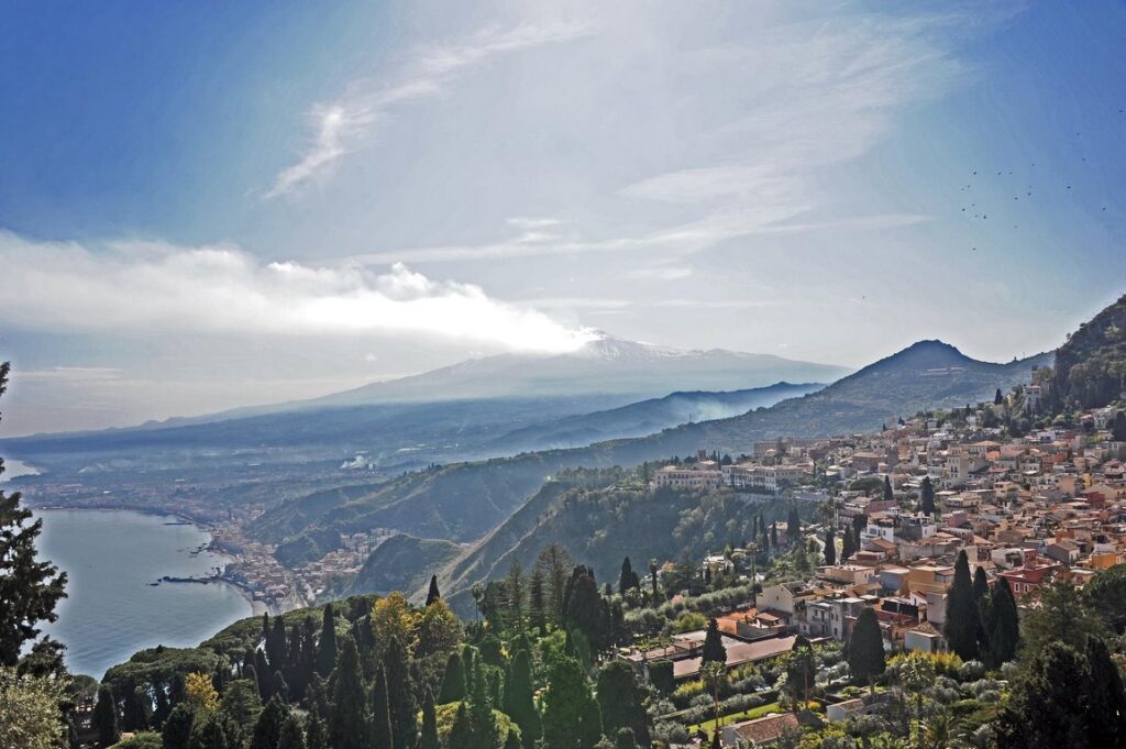 View of Mount Etna and Taormina from the Greek Theatre.