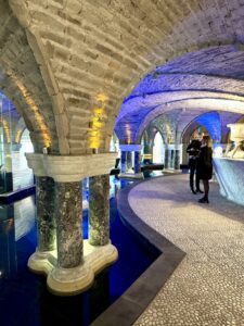 Saint-Jean-de-Luz. The superb brick vaults of the Grand Hôtel thalasso are enhanced by subdued lighting.