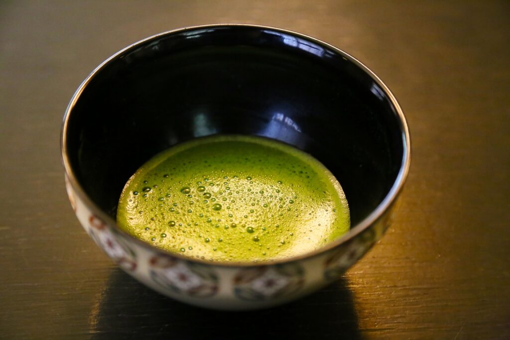 Japan. Tea ceremony. Bowl of powdered green tea or matcha.
