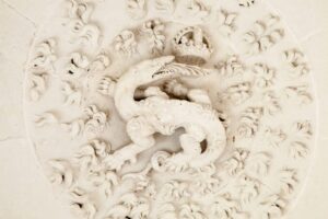 Château de Chambord. La salamandre, est le symbole du roi François 1er. On la trouve ainsi reproduite dans les décors des résidences royales françaises de la Renaissance, crachant du feu ou de l’eau et auréolée d’une couronne. Elle est aussi souvent accompagnée du chiffre du roi, un «F» majuscule couronné.