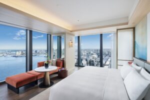 Japan. Suite at the Fairmont Hotel in Tokyo. View of Tokyo Bay.