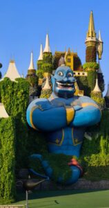 Dubai. Miracle garden. Arms crossed with a mischievous smile, the Genie of the magic lamp is inspired by Aladdin, the famous character from the tales of the Thousand and One Nights. B. Postel.