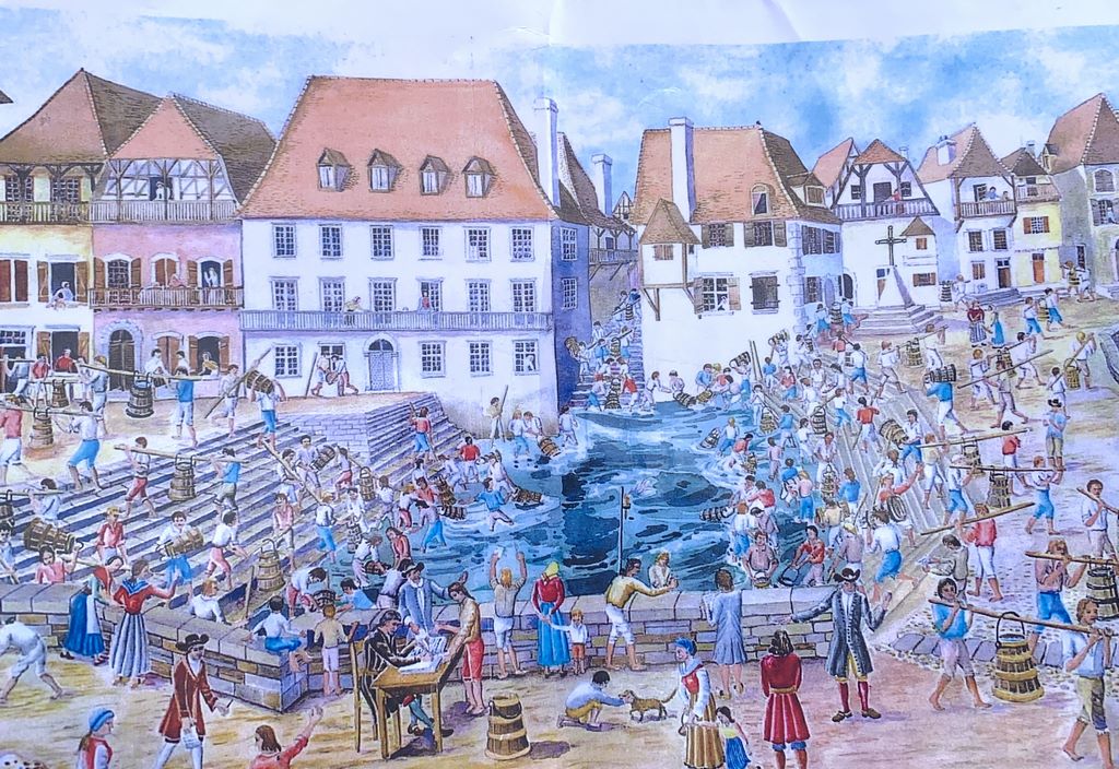 France. Puisage au Moyen-Âge à Salies-de-Béarn. Aquarelle de Marcel Saule, © Michèle Lasseur.