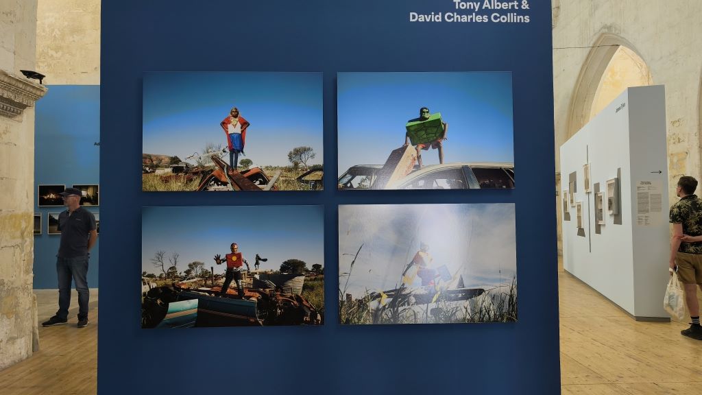 France. 56th Rencontres de la photographie d'Arles 2025. Warakurna Superheroes series. Tony Albert (Kuku Yalanji), David Charles Collins and Kirian Lawson. B. Postel.