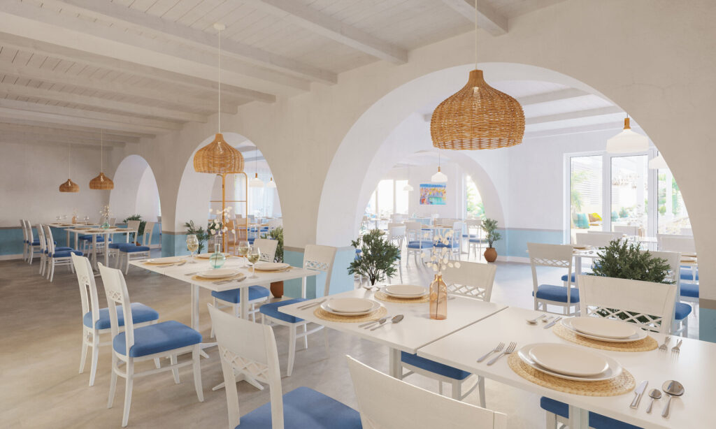 Crete. At the Iberostar Creta Marine hotel, the restaurant rooms have a refined blue and white atmosphere.