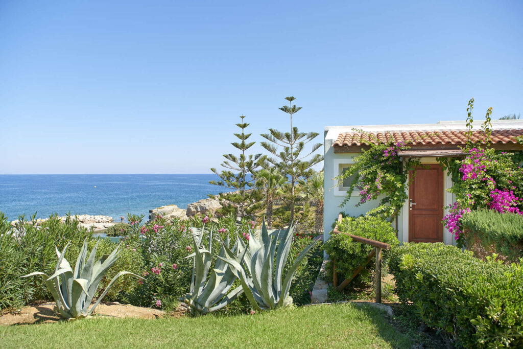 Crete. The outside of the Iberostar Creta Marine hotel is planted with Mediterranean species such as agaves, bougainvilleas and myrtles.