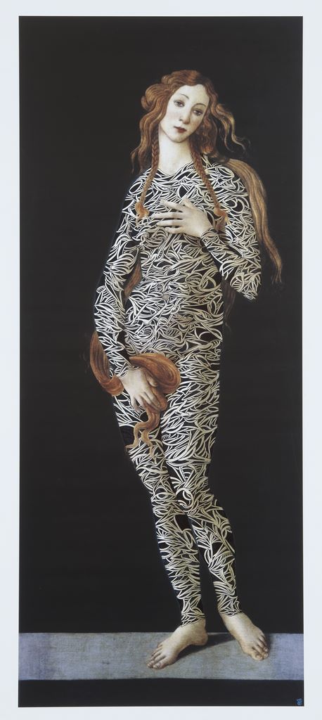 France. Château du Rivau. In the Salle des Dames, artists revisit famous portraits of Renaissance beauties, such as Cranach's Grace, tattooed by Belgian artist Jean-Luc Moerman © Collection Château du Rivau.