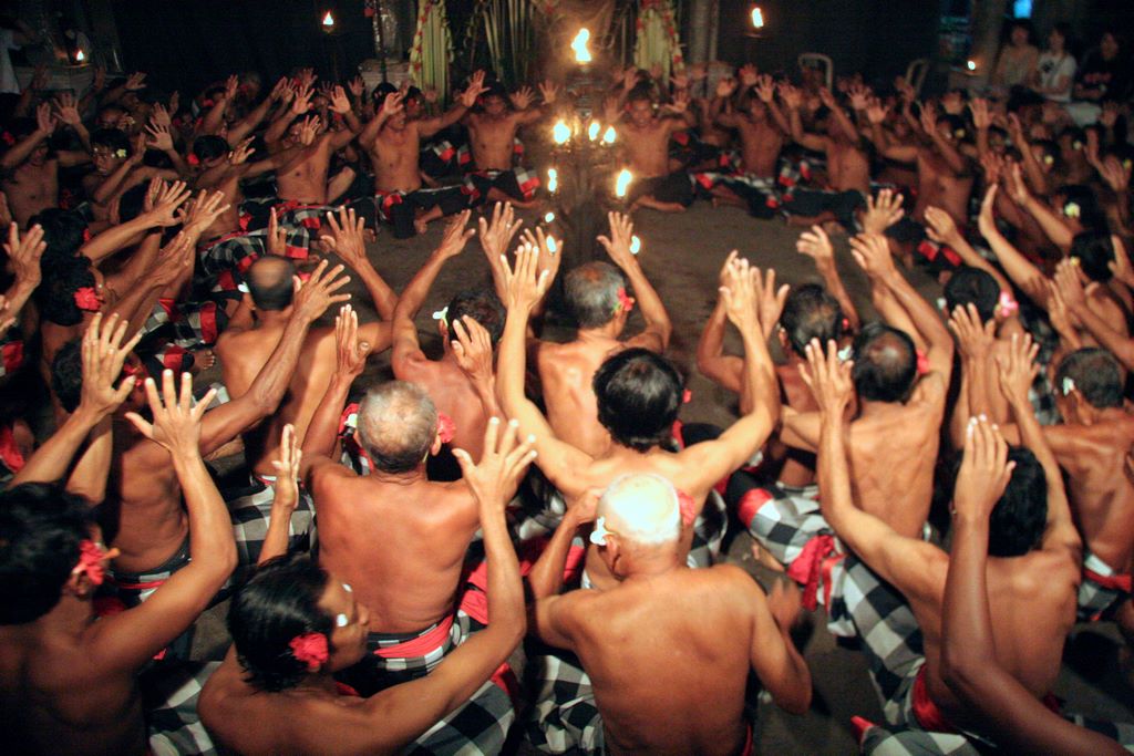 Indonesia. Bali. The men begin a Kecak dance. 