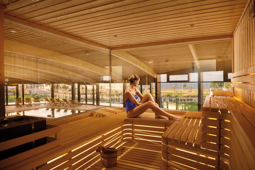 France. Thalasso 4* in Concarneau. The sauna overlooks the marine spa and offers a view of the sea.