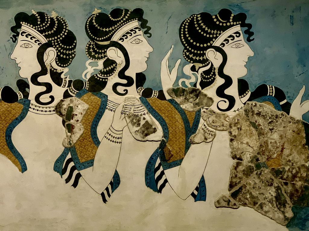 Crete. Archaeological Museum of Rethymnon. Fresco of the "Ladies in Blue", Minoan art. M. Lasseur.
