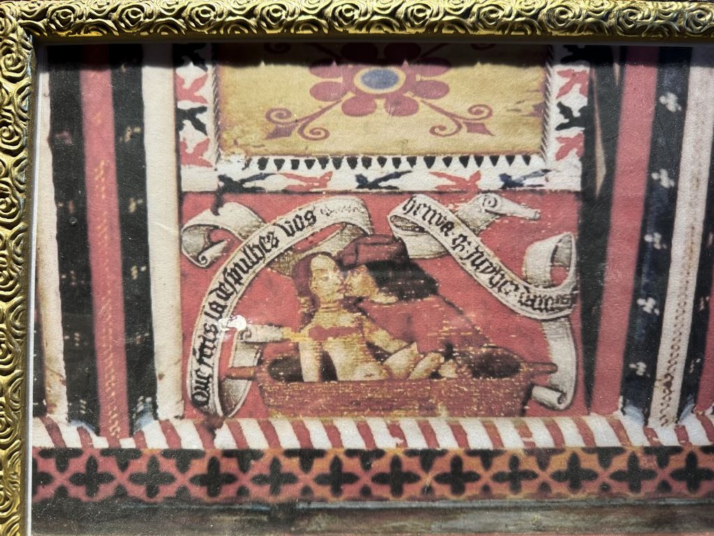 France. Saint-Hilaire Abbey. Naughty scene in the monks' refectory.