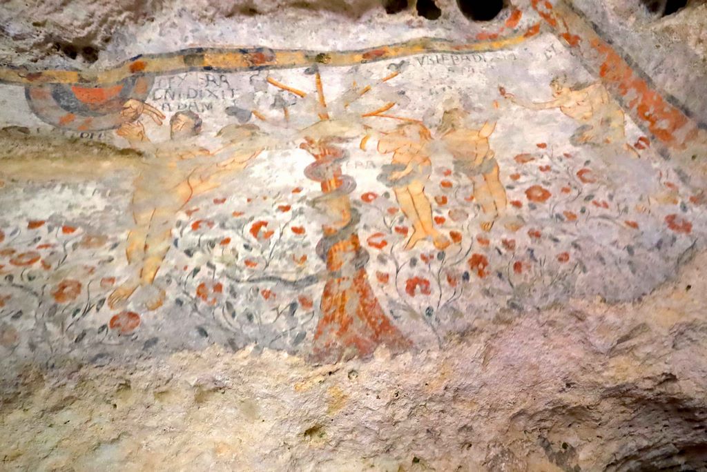 Italy. Basilicata. Cave of Original Sin. One of the frescoes depicting Adam, Eve and the serpent around the tree gives the cave its name.