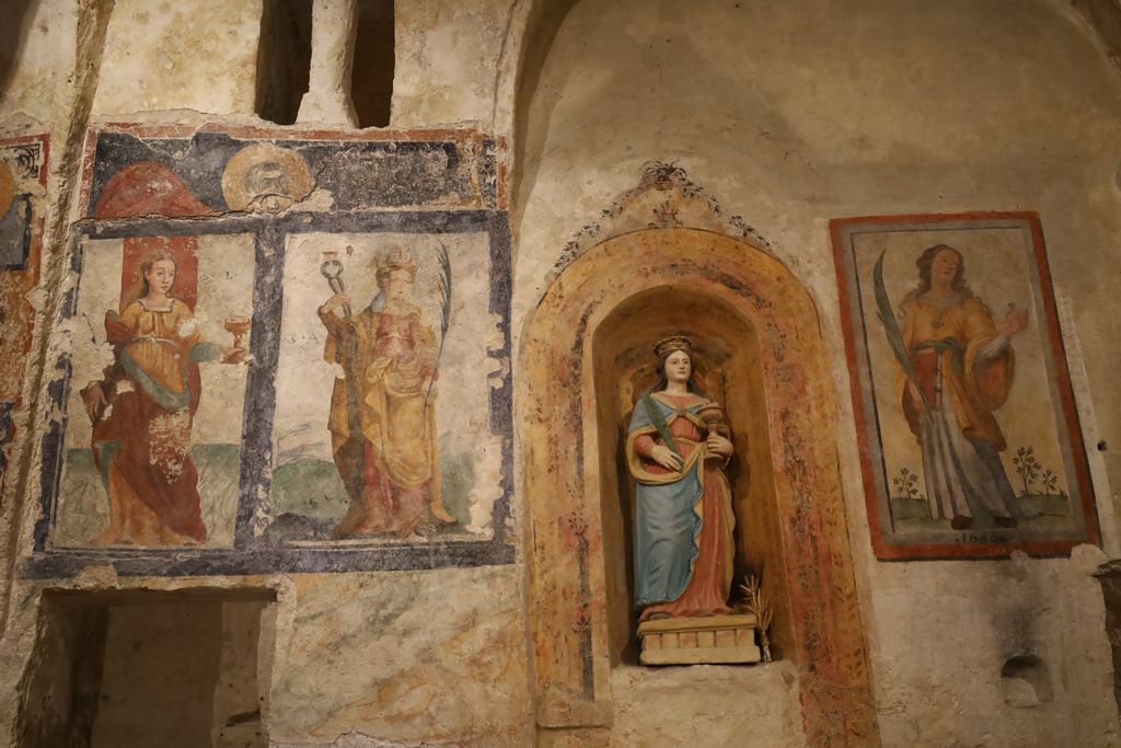 Italy. The cave church of Santa Lucia alle Malve is one of the oldest places of worship carved into the rock of the Sassi di Matera, in the Sasso Caveoso district. It is considered to be the city's first Benedictine female monastic establishment, probably founded between the VIIIᵉ and IXᵉ centuries.