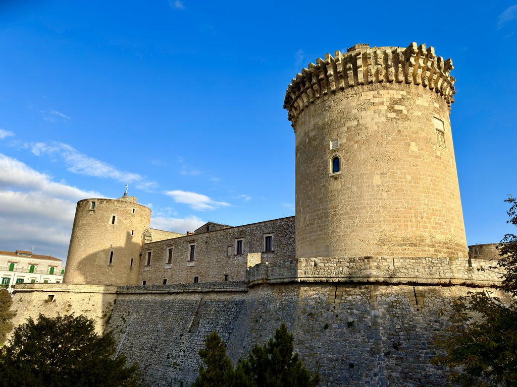 Italy. Venosa. The Aragonese castle dates back to 1470, with a square floor plan and four cylindrical towers.
